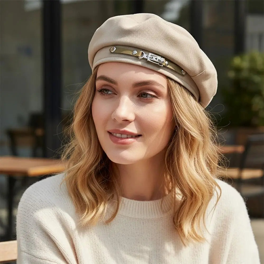 Retro Metal Buckle Retro Beret Cap Solid Color Warm Women Beret