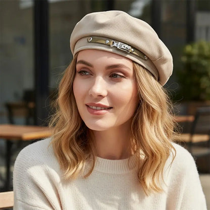 Retro Metal Buckle Retro Beret Cap Solid Color Warm Women Beret