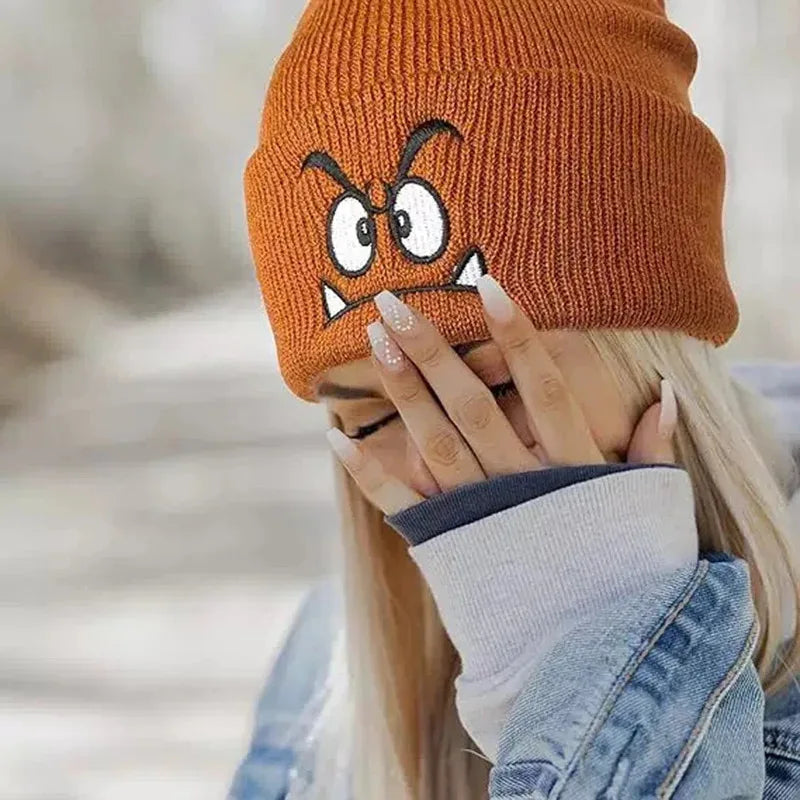 Angry Expression Embroidered Knitted Hat