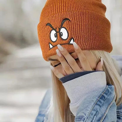 Angry Expression Embroidered Knitted Hat