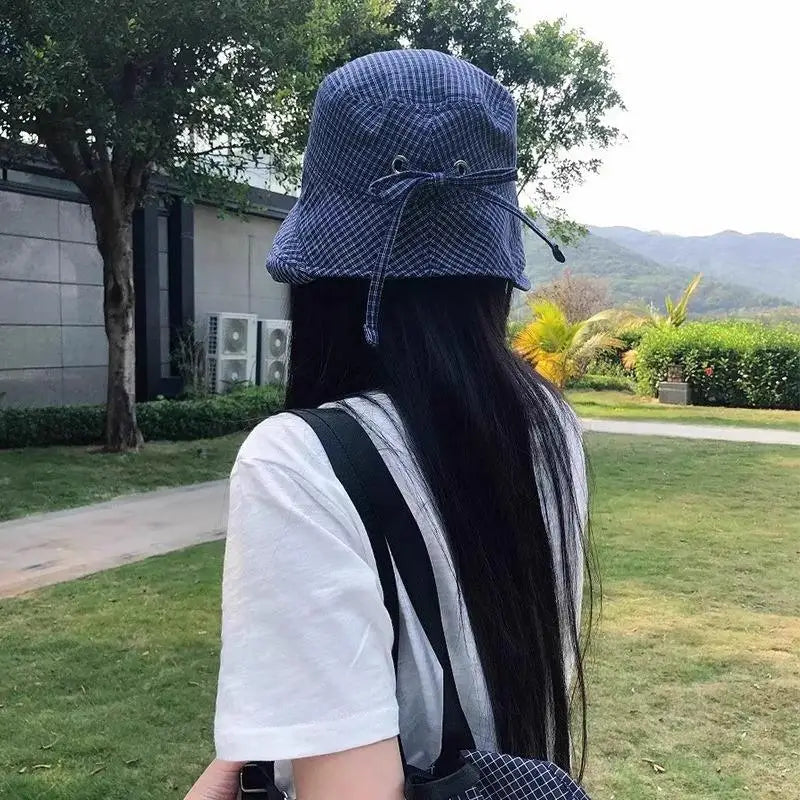 Fashion Summer Plaid Bucket Cap Curled Bow Plaid Sun Hat