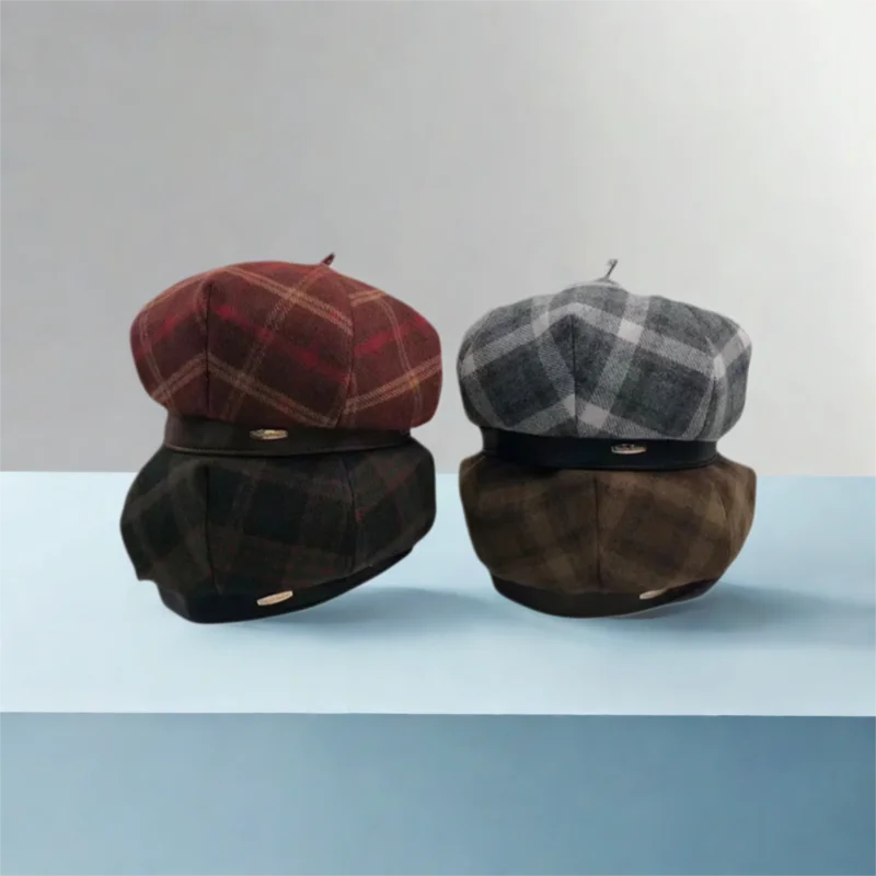 Retro British Plaid Beret Hat Women's Autumn Winter