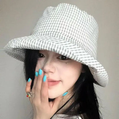 Fashion Summer Plaid Bucket Cap Curled Bow Plaid Sun Hat