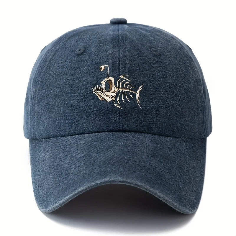 Fishbone Printed Baseball Cap Classic Retro Curved Brim Suitable for Outdoor Camping Trips