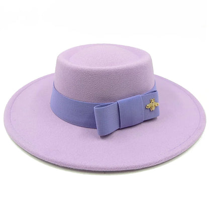 Bow Tie Fedora Hat Winter Round Bumpy Surface Flat Top