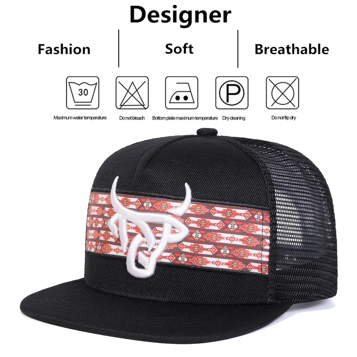 Unisex Ox Head Embroidery Hip-Hop Net Hats