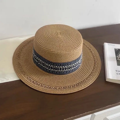Woven Flat-Top Straw Hat For Women Summer