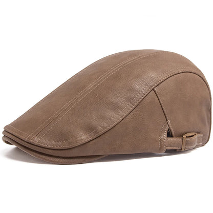 Fashion Men PU Leather Beret Autumn Winter Visor Flat Cap Thicken Warm Hat
