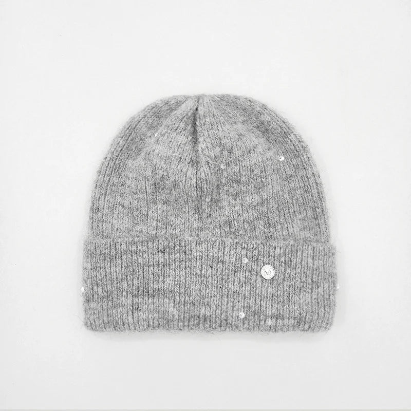 Winter Real Fox Fur Pompom Hats Sequin Skullies Beanie For Women Wool Knitted Hats