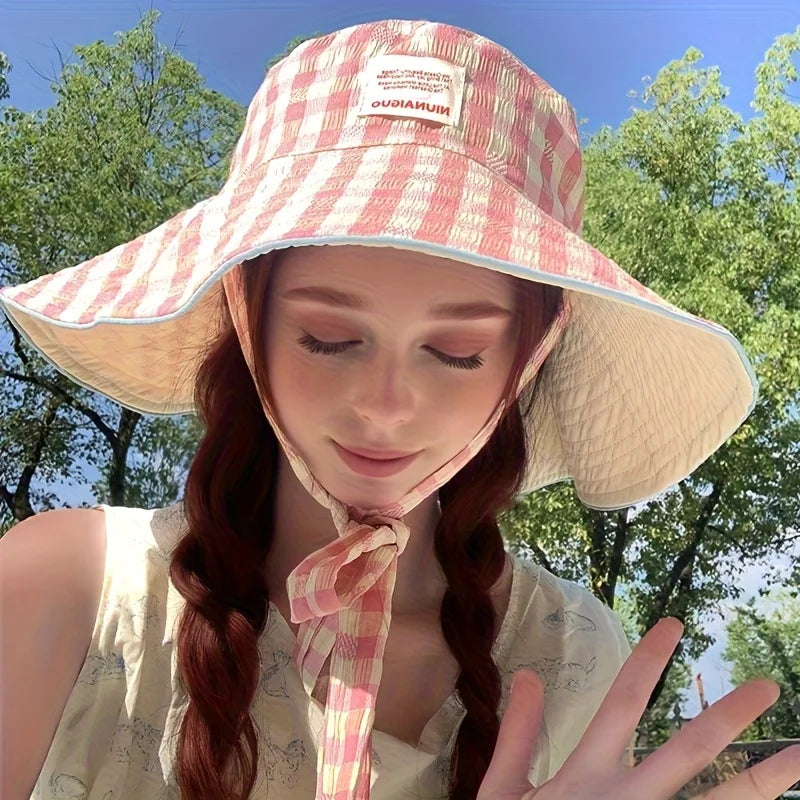 Plaid Fisherman Hat Trendy Seaside Beach Sunshade Hat