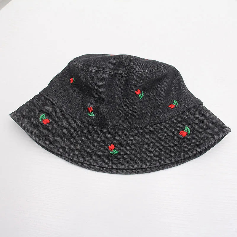Summer Embroidery Cherry Washed Denim Bucket Hat For Women