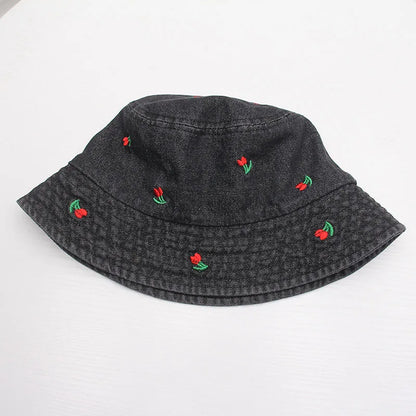 Summer Embroidery Cherry Washed Denim Bucket Hat For Women