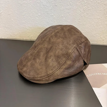 American Retro Leather Plain Baker Boy Hat For Women Autumn Winter Unisex Beret