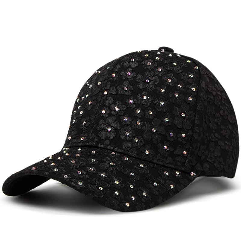 Summer Women Rhinestone Baseball Cap Flower Embroidery Hats