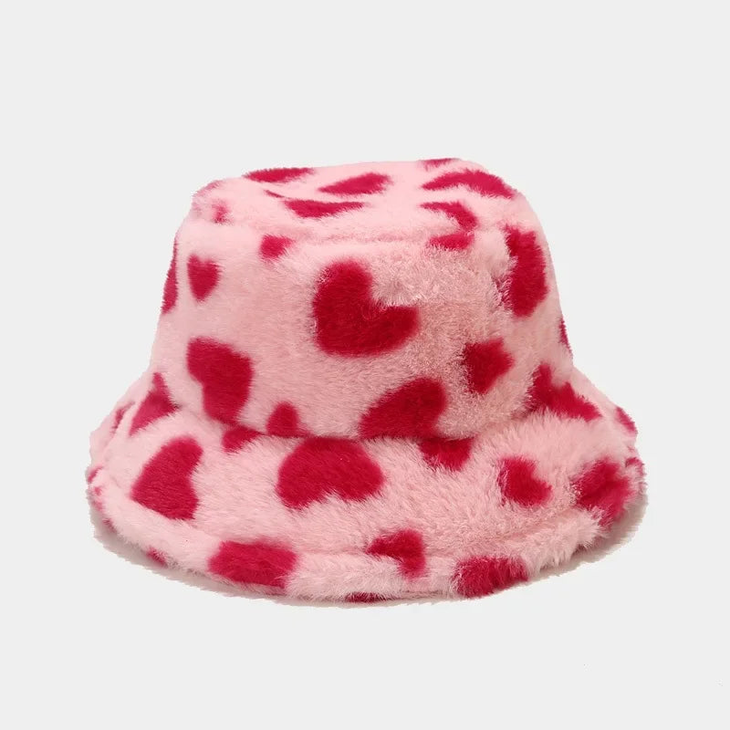 Winter Heart Print Faux Fur Fluffy Bucket Hat Women Outdoor
