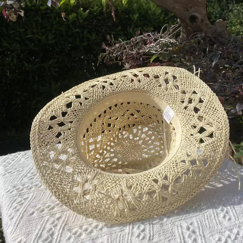 Western Cowboy Straw Hat Women Fashion Large Brim Straw Hat Breathable Outdoor