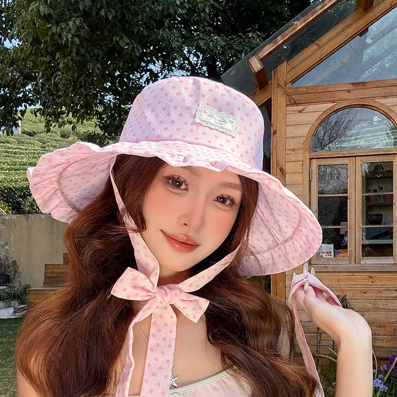 Korean Fashion Polka Dots Ribbon Sun Hat