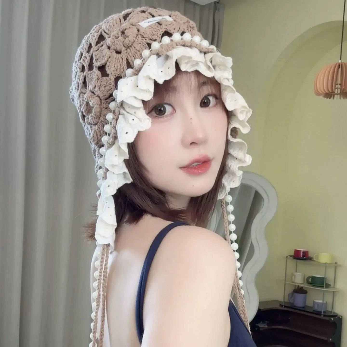 Casual Pearl Tassels Crochet Flower Knitted Hat