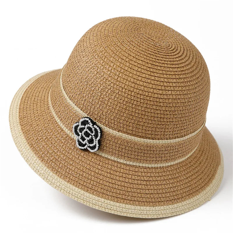 Spring Summer Straw Hat For Women Camellia Luxury Brand Bucket Hat