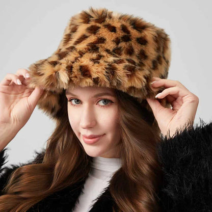 Retro Leopard Print Faux Fur Bucket Hat Winter