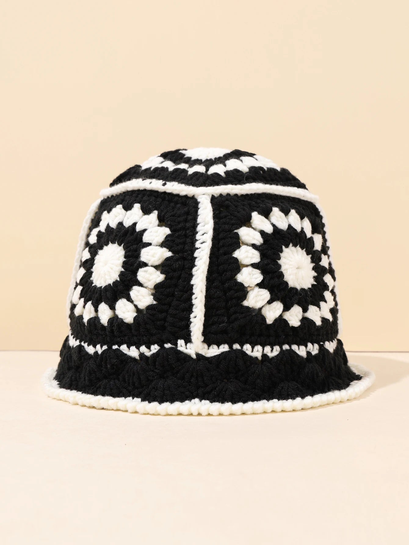 1PC Handmade Crochet Vintage Bucket Hat - Geometric Patch Super Soft and Warm