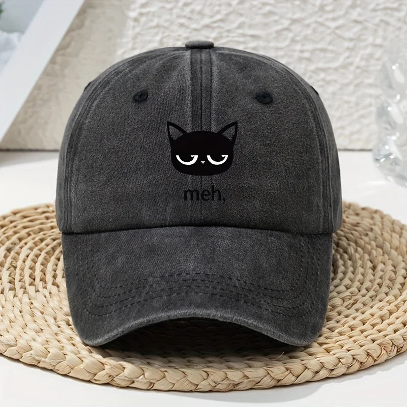 Cartoon Black Cat Print Vintage Washed Baseball Cap