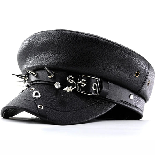 Women's Punk Y2k Trendy Beret Black Pu Cool Punk Skull Spike Cap