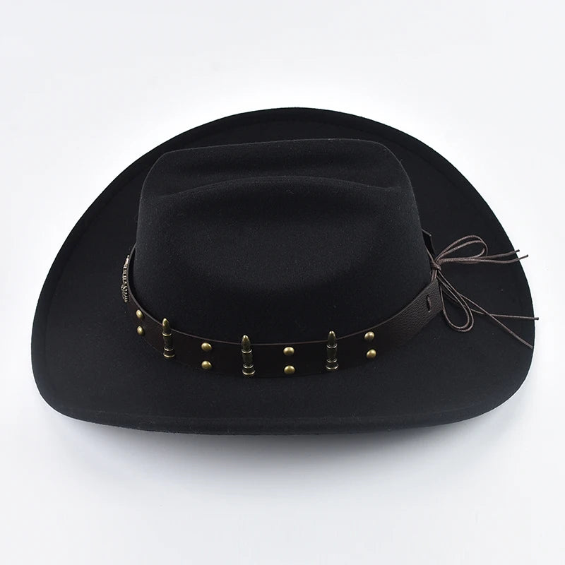 Men Women Western Cowboy Hat With Leather Vintage Big-Edge Gentleman Cowgirl Hat