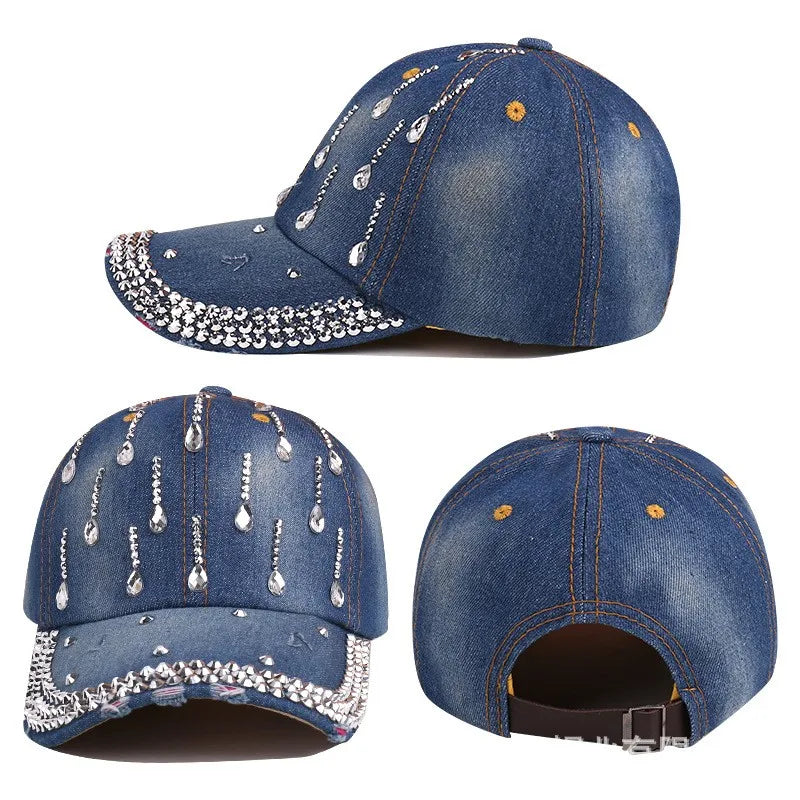 Denim Baseball Cap Women Rhinestone Droplets Cowboy Snapback
