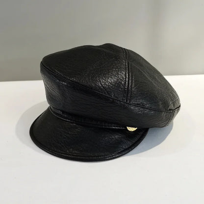 Vintage Pu Leather Octagonal Hat Women's Newsboy Cap Hundred With Outing Fall
