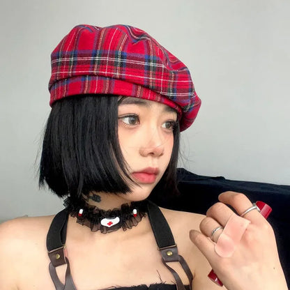 Spring Autumn Plaid Cotton Octagonal Hat Fashion Women