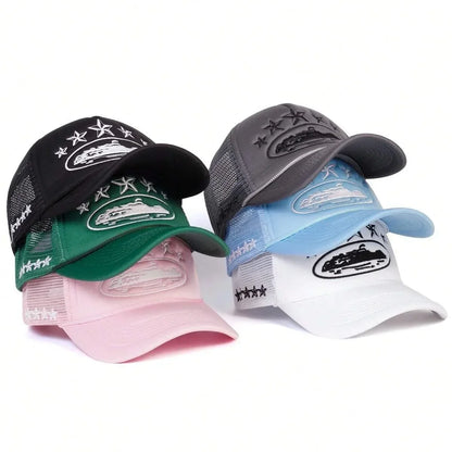 Fashionable Embroidered Baseball Hat Five Star Color Blocked Mesh