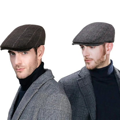 Vintage Plaid British Newsboy Beret Retro Male Woolen Beret Cap Classic Old Man