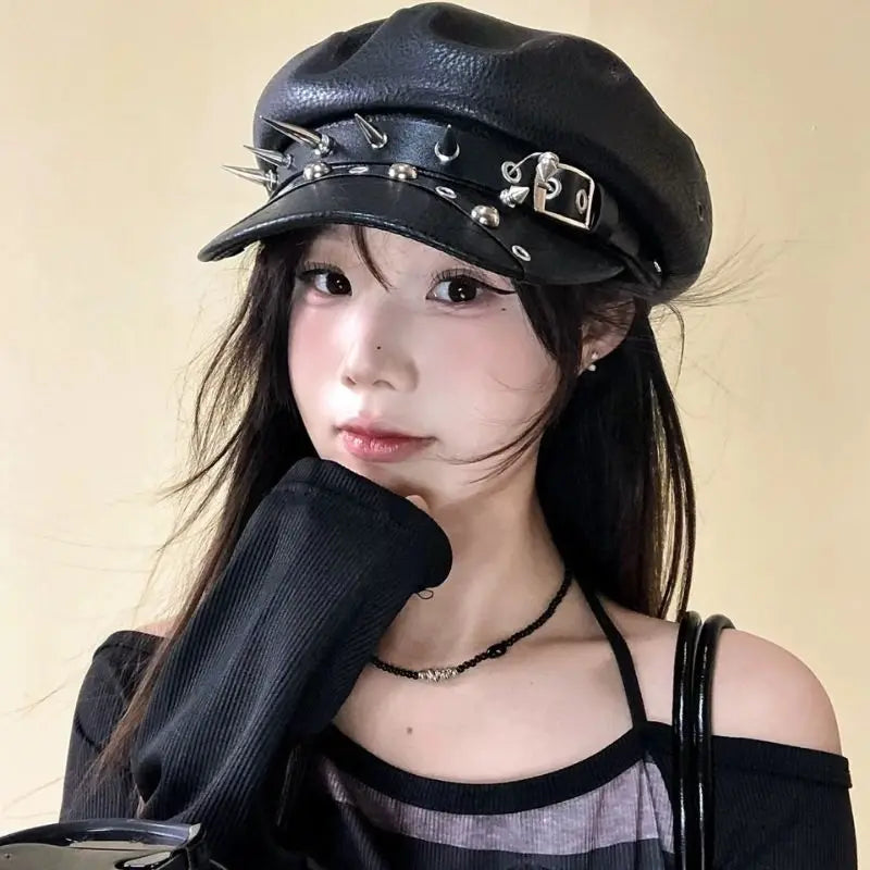 Goth Punk Beret Belt Buckle Leather Hat Spring Autumn
