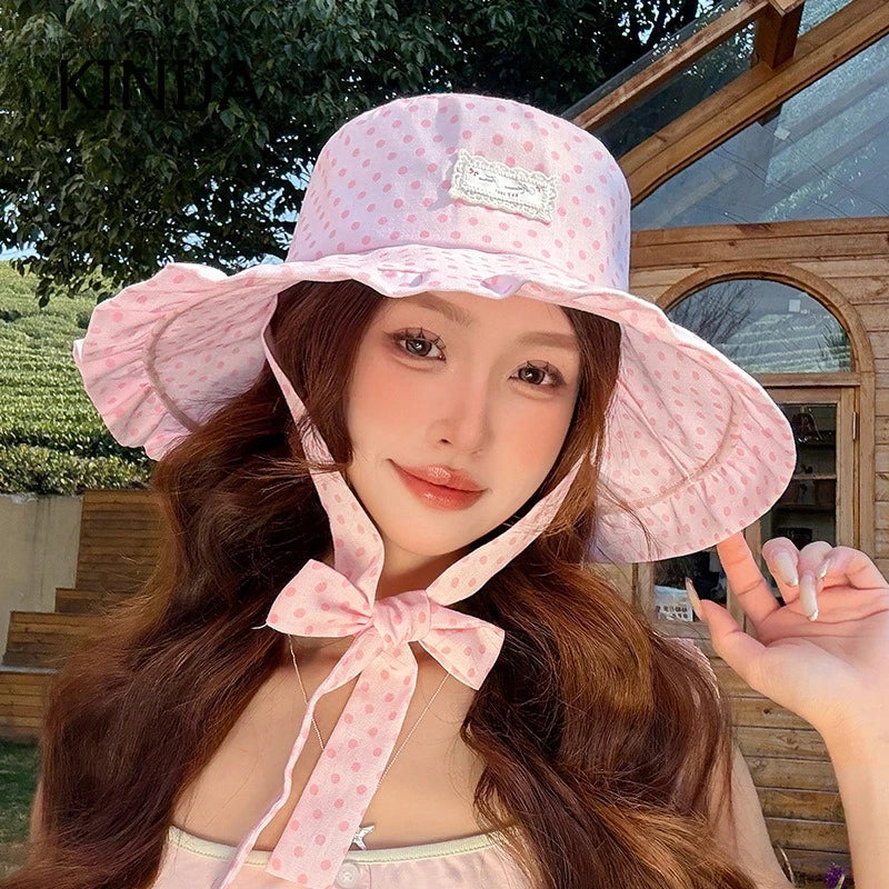 Korean Fashion Polka Dots Ribbon Sun Hat