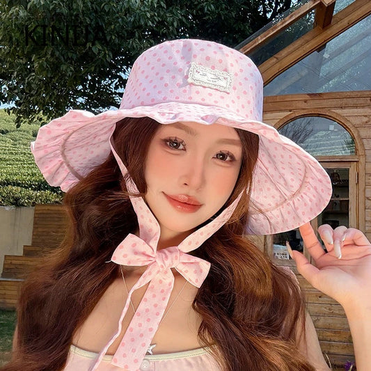 Korean Fashion Polka Dots Ribbon Sun Hat