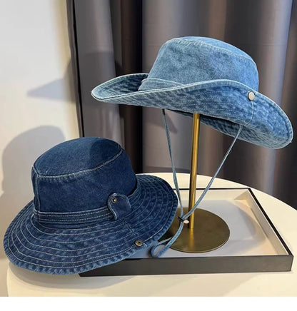 Vintage Washed Denim Bucket Hat Unisex Summer Sun Hat