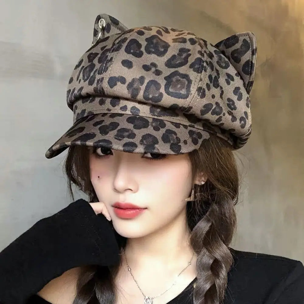 Retro Style Cat Ears Cap Leopard Print Octagonal Shape Cat