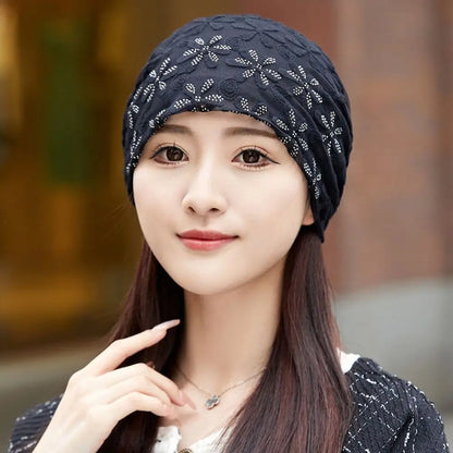 Lace Flower Beanies Cap Hollow Out Elegant Thin Crochet Slouchy Hat