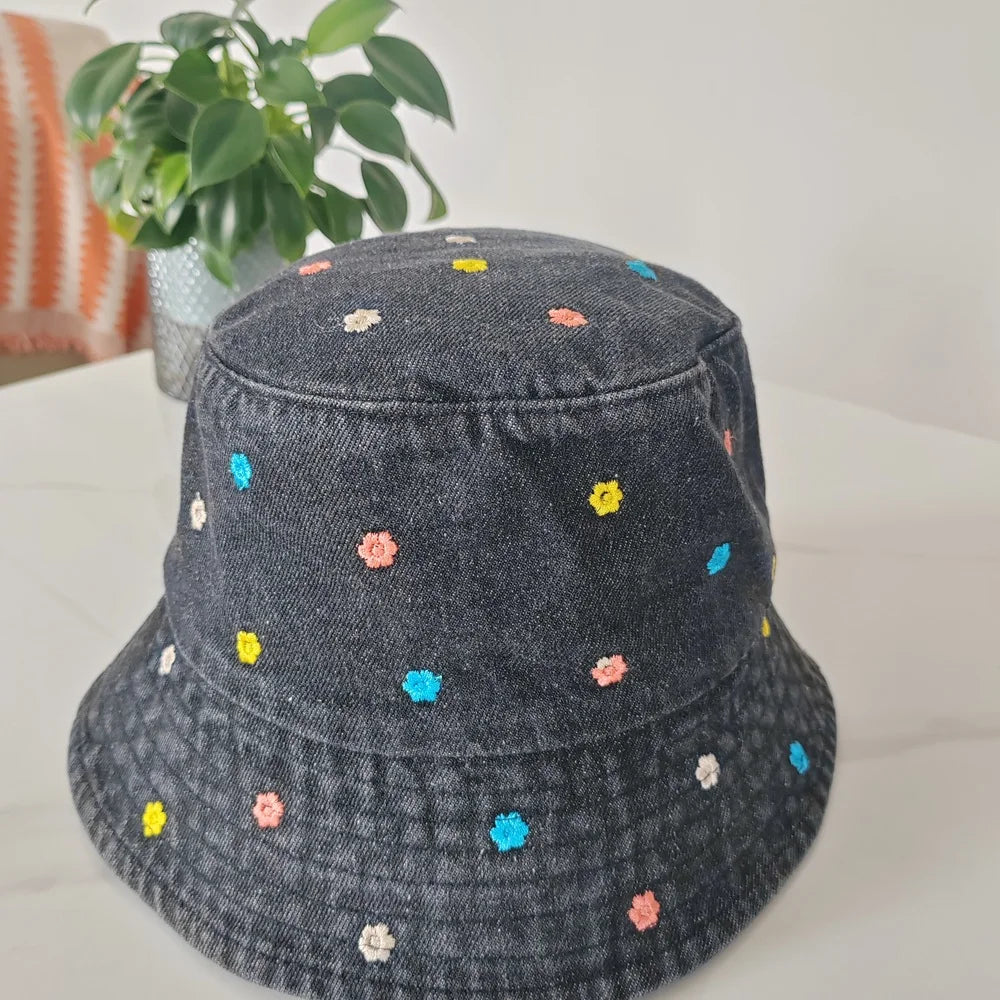 Embroidery Little Flower Washed Denim Summer Bucket Hat