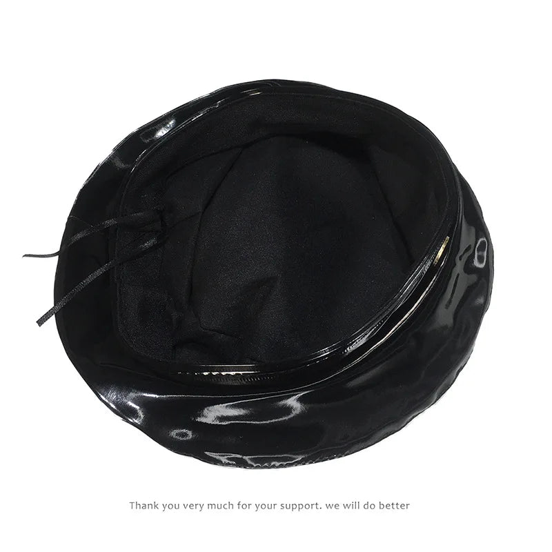 Lady Mirror Pu Leather Painter Caps Casual Hat