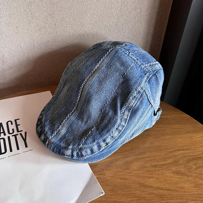 Korean Style Denim Striped Newsboy Baker Boy Cap