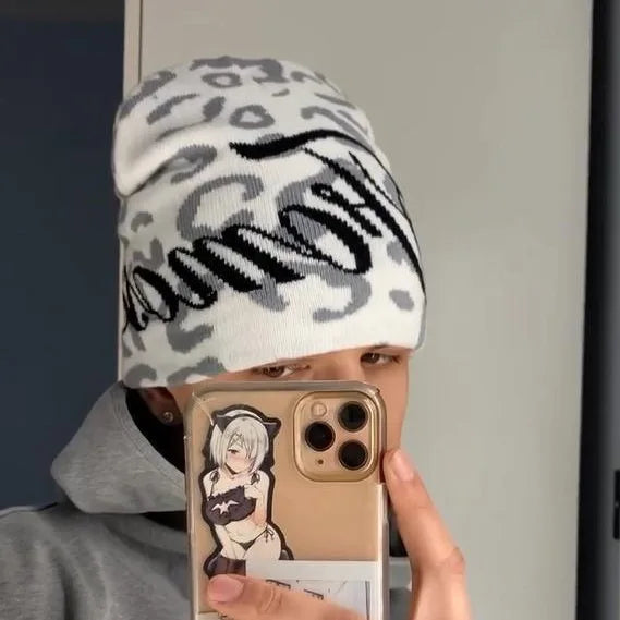 Leopard Print Letter Knit Beanie Women 2026