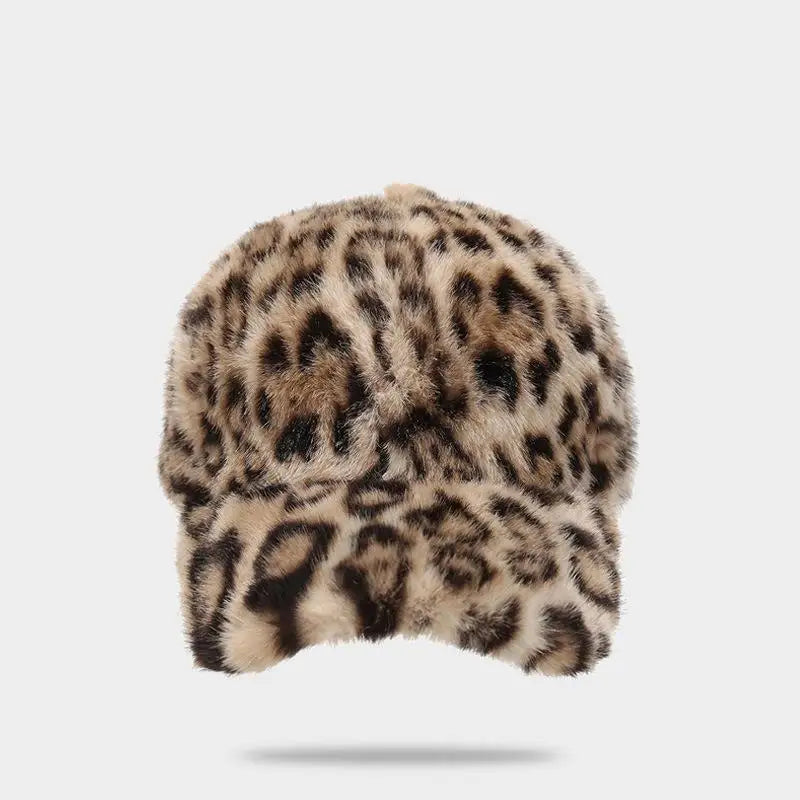 Leopard Print Baseball Cap Women Plush Faux Fur Keep Warm Winter