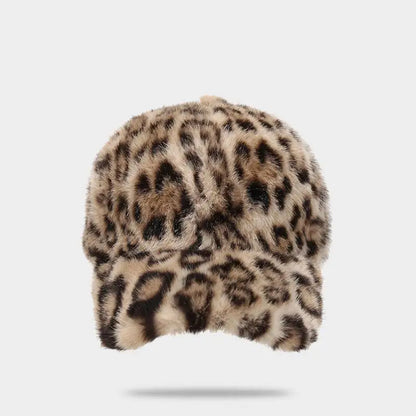 Leopard Print Baseball Cap Women Plush Faux Fur Keep Warm Winter