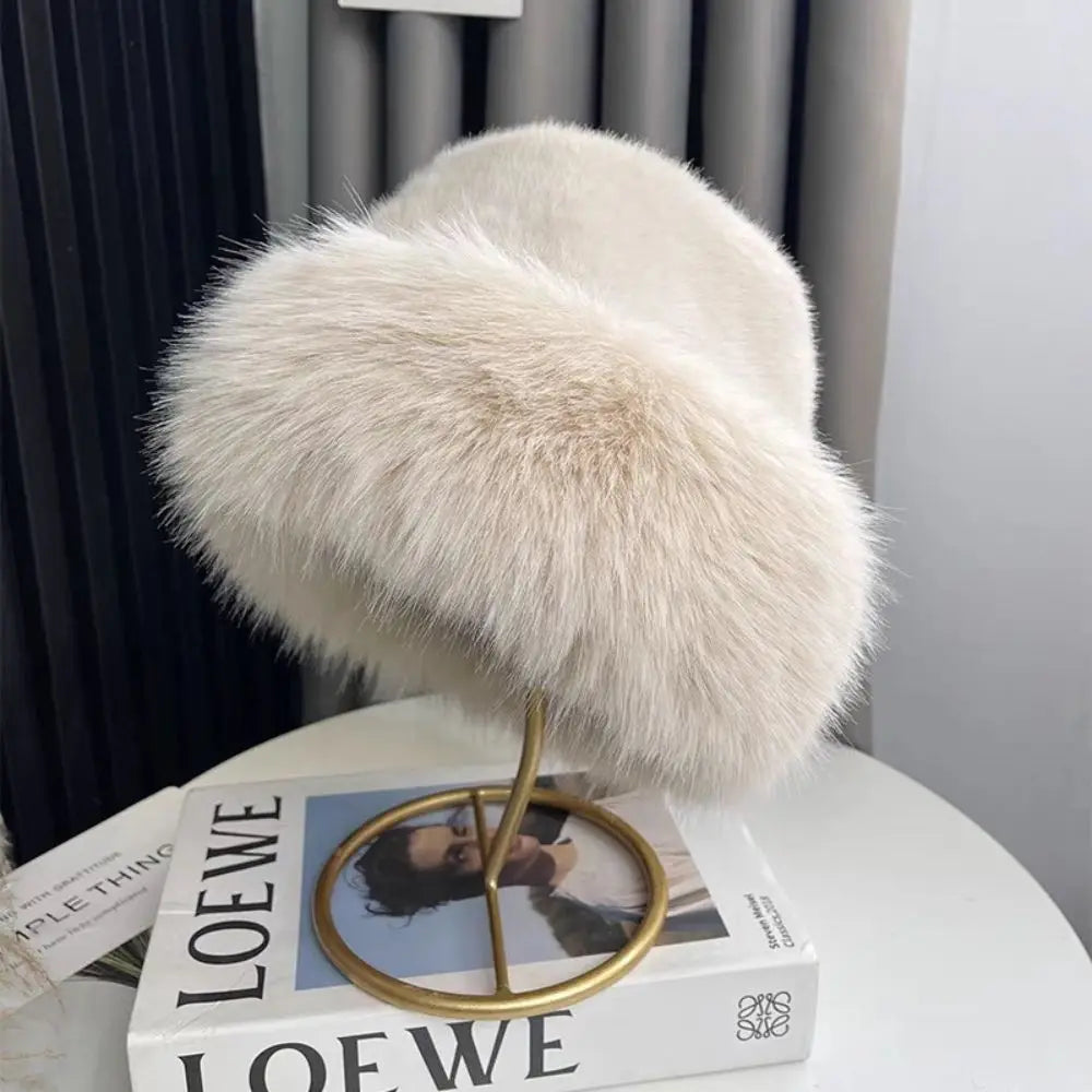 Fluffy Fur Fisherman Hat For Women Winter Cap Windproof Warm Female Bucket Hat