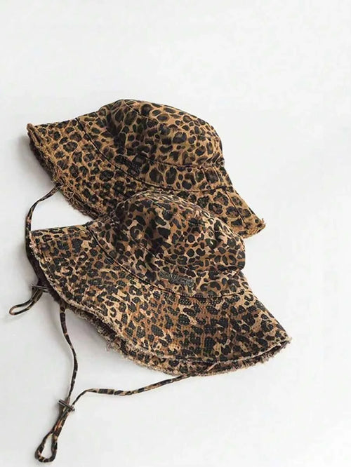 Retro Washed Rough Edge Leopard Women Drawstring Bucket Hat