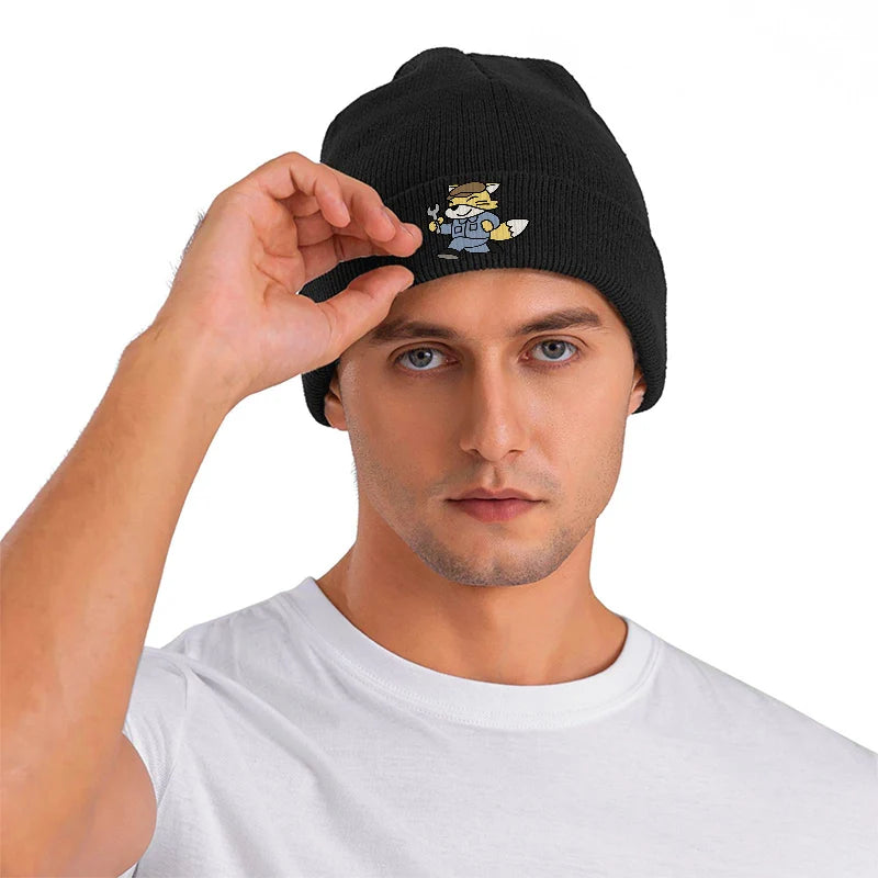 Cute Mechanic Fox Knit Beanie Hat Warm Cuffed Winter Skull Cap