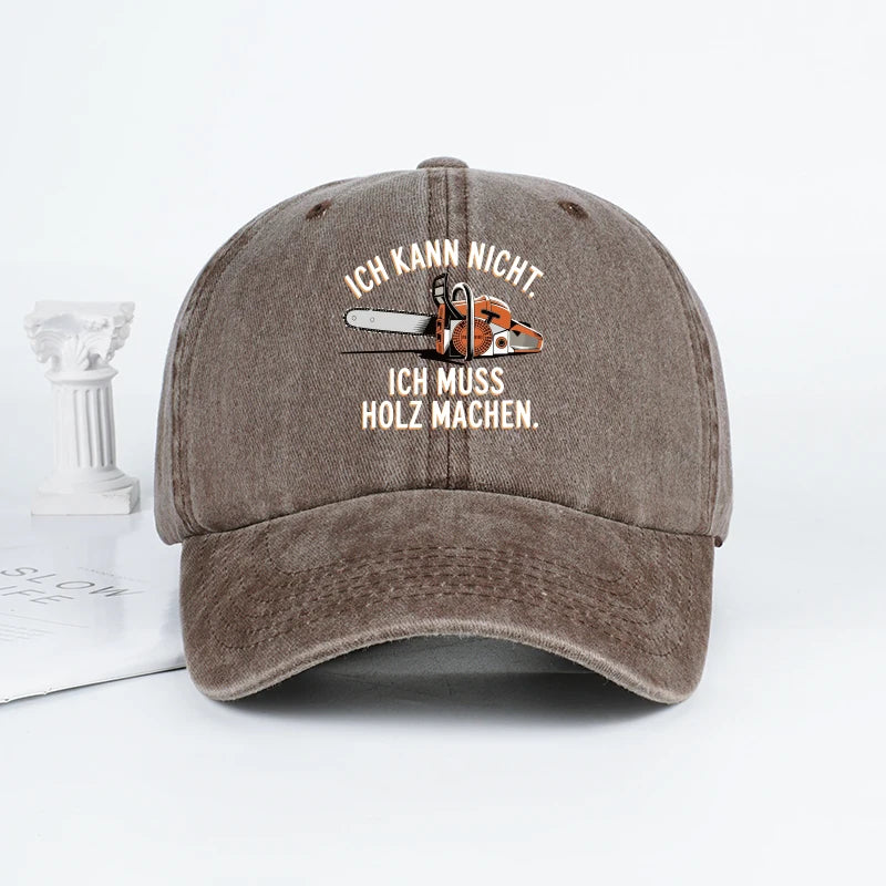 Vintage German Chainsaw Quote Print Washed Baseball Cap