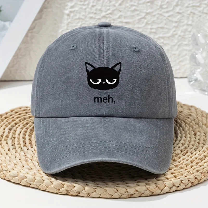 Cartoon Black Cat Print Vintage Washed Baseball Cap